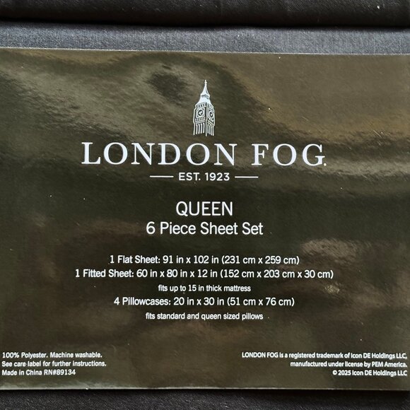 6-pc London Fog QUEEN SIZE Sheet Set SOLID BLACK (2 XTRA PC's) - Picture 2 of 4